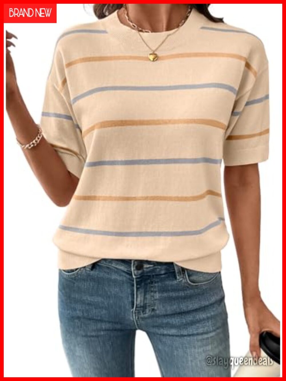 Striped crewneck short sleeve knit pullover sweater